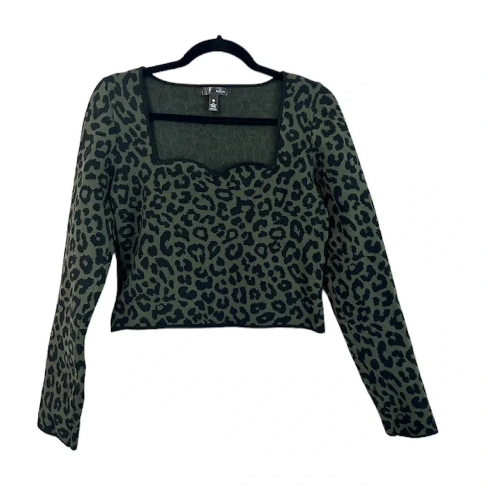 Aqua Women's Black & Green Leopard Print Cropped Long Sleeve Top Size L GUC